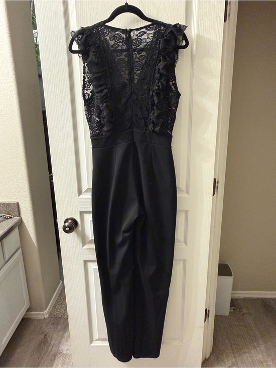 Revamped Pants - Revamped Black Lace Midi Jumpsuit with Ruffle Accents